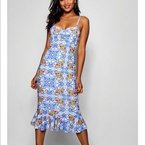 Tile Print Flute Hem Bodycon Dress NEW